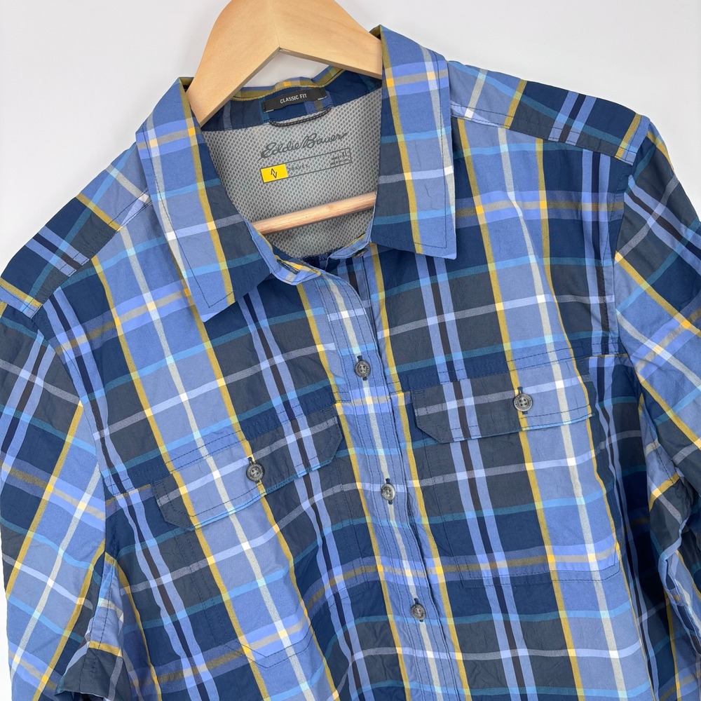 Eddie Bauer Travex Roll Tab Button Up Shirt Womens XL Blue Plaid Hiking Fishing